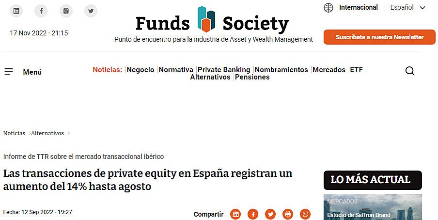 Las transacciones de private equity en Espaa registran un aumento del 14% hasta agosto